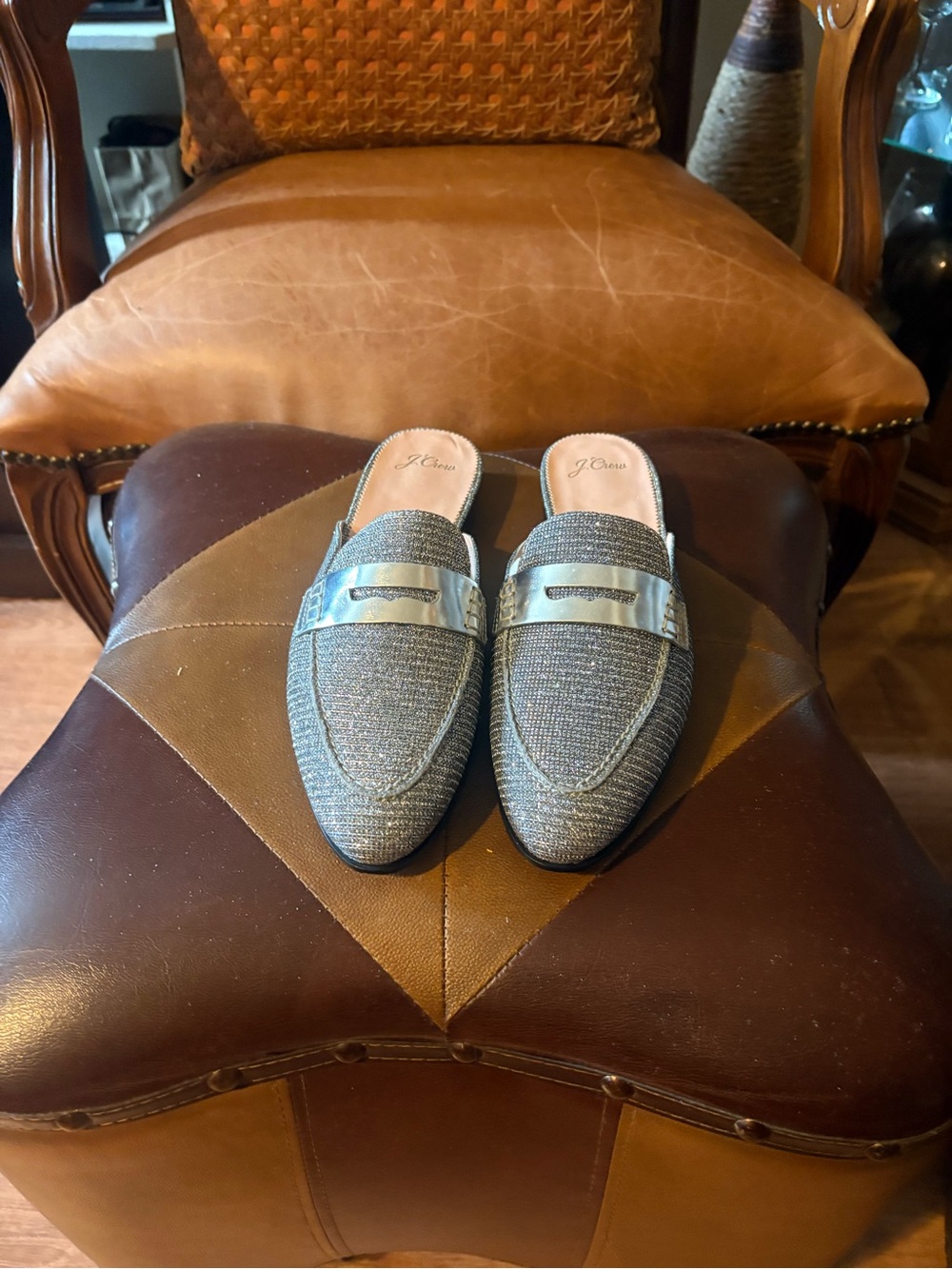 J. Crew Silver Tweed Backless Loafers with Metallic Bar